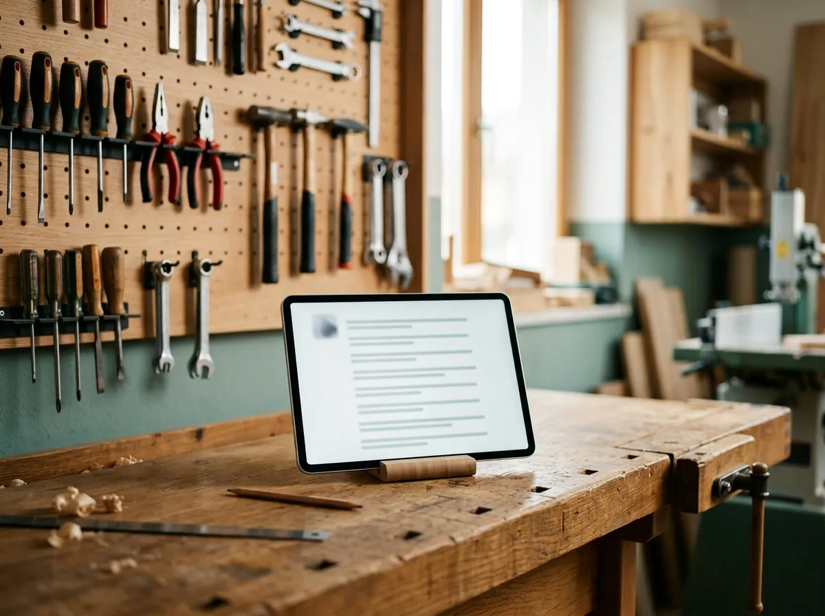 Tablet auf einer Werkbank mit einer KI-generierten Schritt-fuer-Schritt-Anleitung