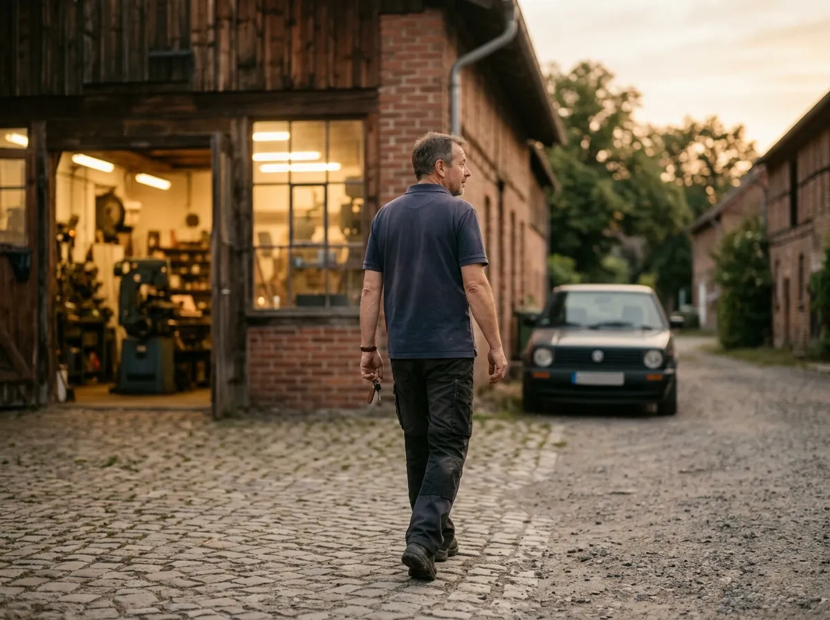 Betriebsinhaber schliesst am Abend seine Werkstatt ab und geht zum Auto